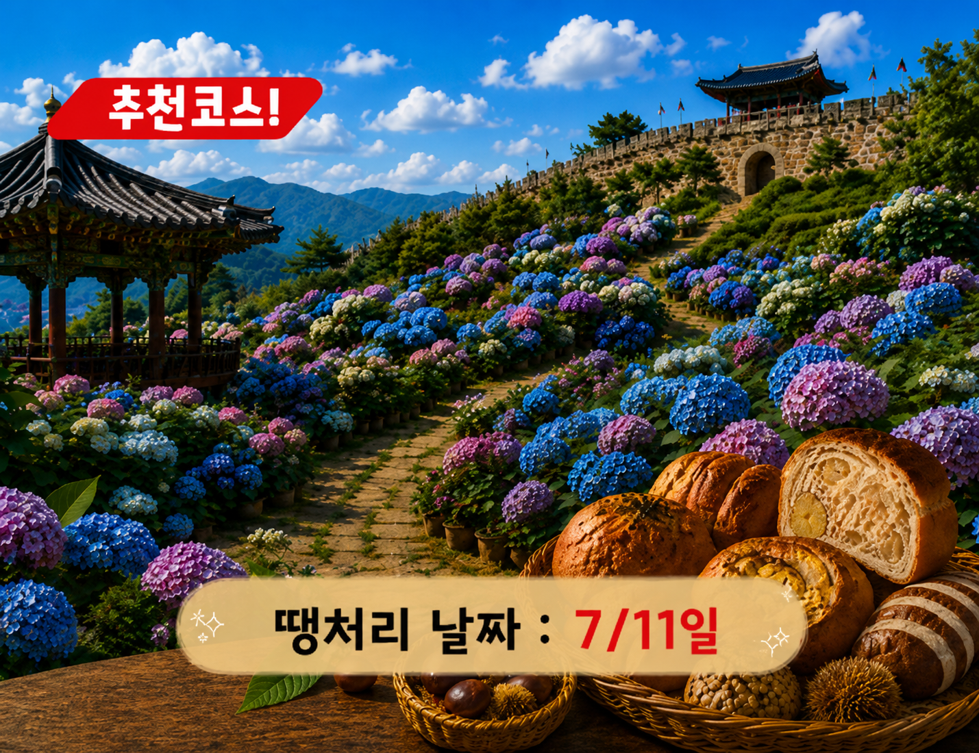 [C-174B] 공주 유구 색동정원 수국축제+공산성&밤마을베이커리+공주산성시장